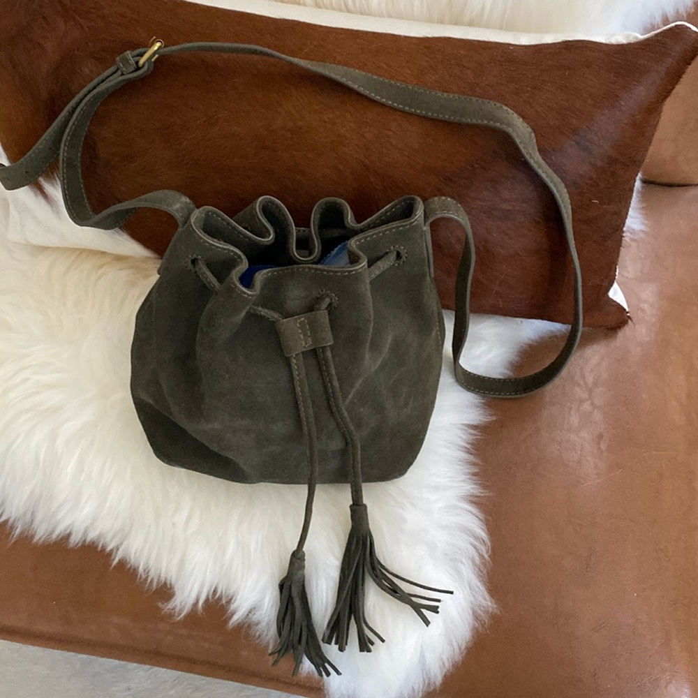 J Crew Olive Suede Small Drawstring Crossbody Bag - image 1